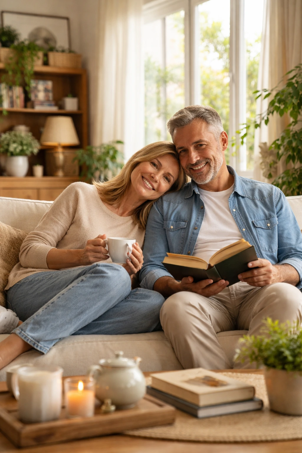 Propriétaire sereins et détendus dans un salon chaleureux – Conciergerie à Bédoin Mont Ventoux gestion location saisonnière Clés du Ventoux